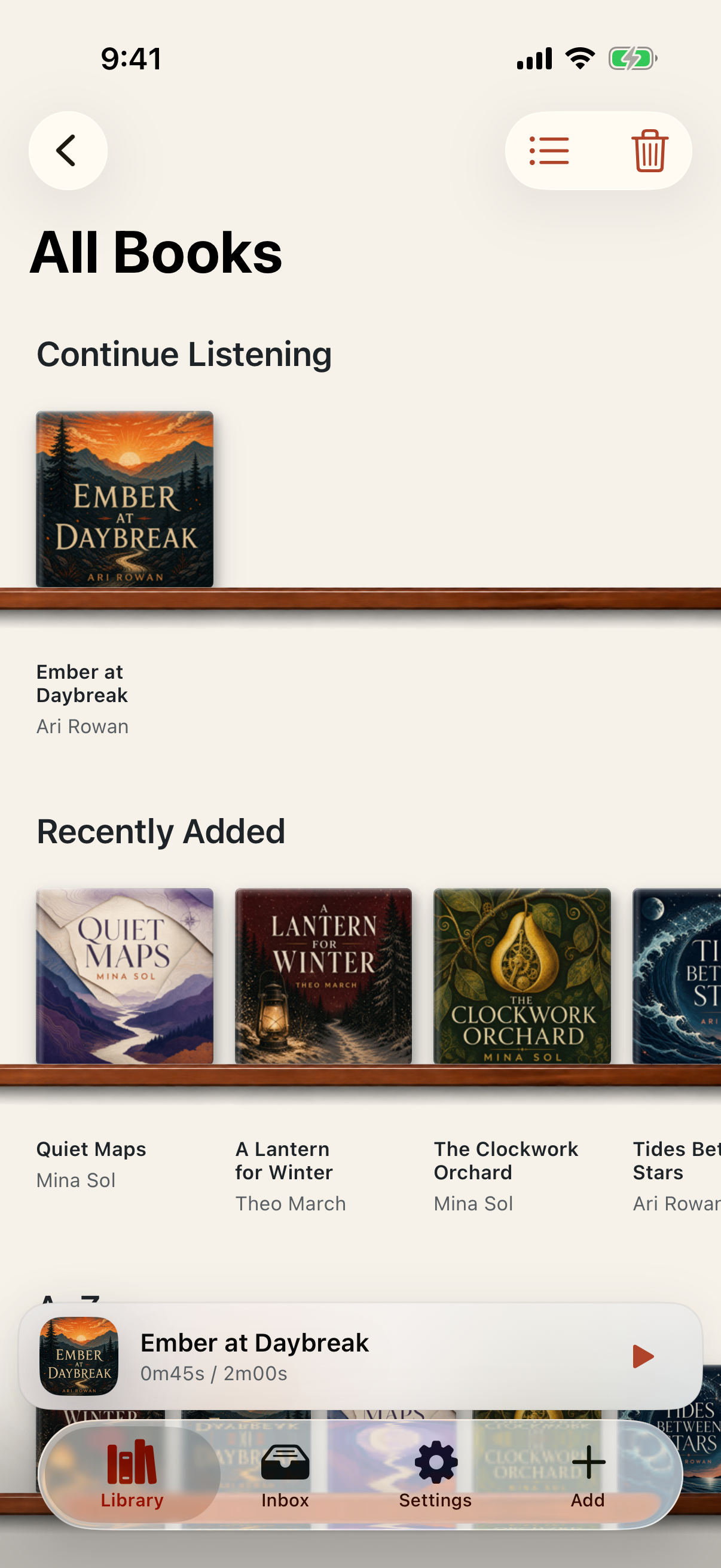 Bookshelf library displaying square audiobook covers on warm wooden shelves