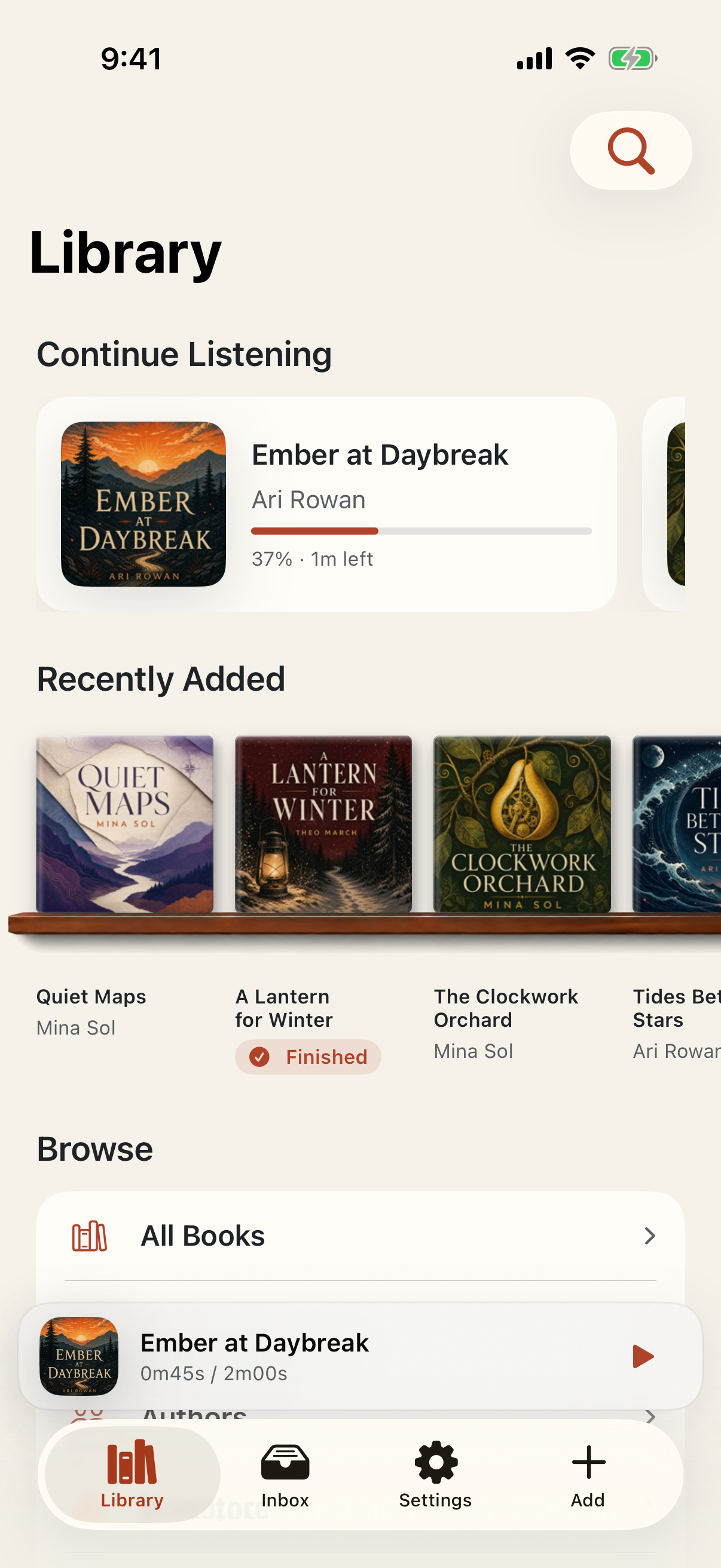 Bookshelf library displaying audiobook covers and listening progress