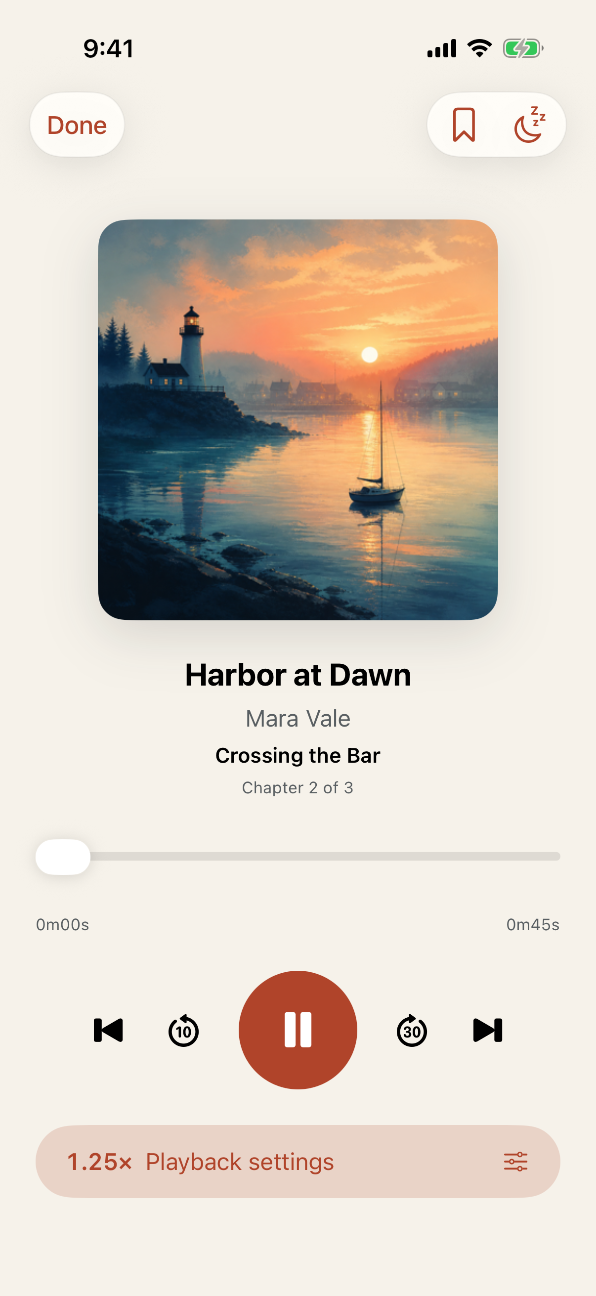Bookshelf now-playing screen with chapter, timeline, and custom playback controls