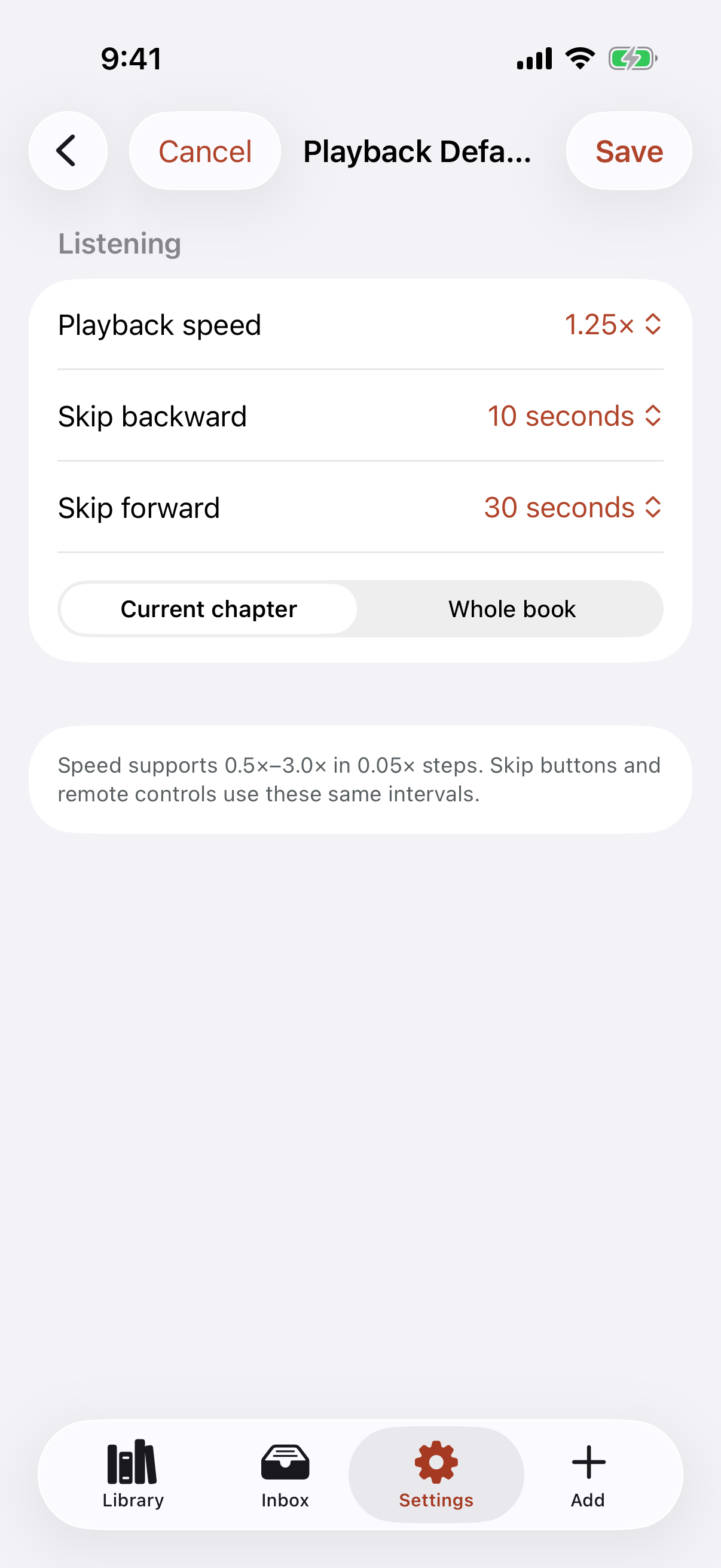 Bookshelf playback settings for speed, skip intervals, and chapter-aware seeking