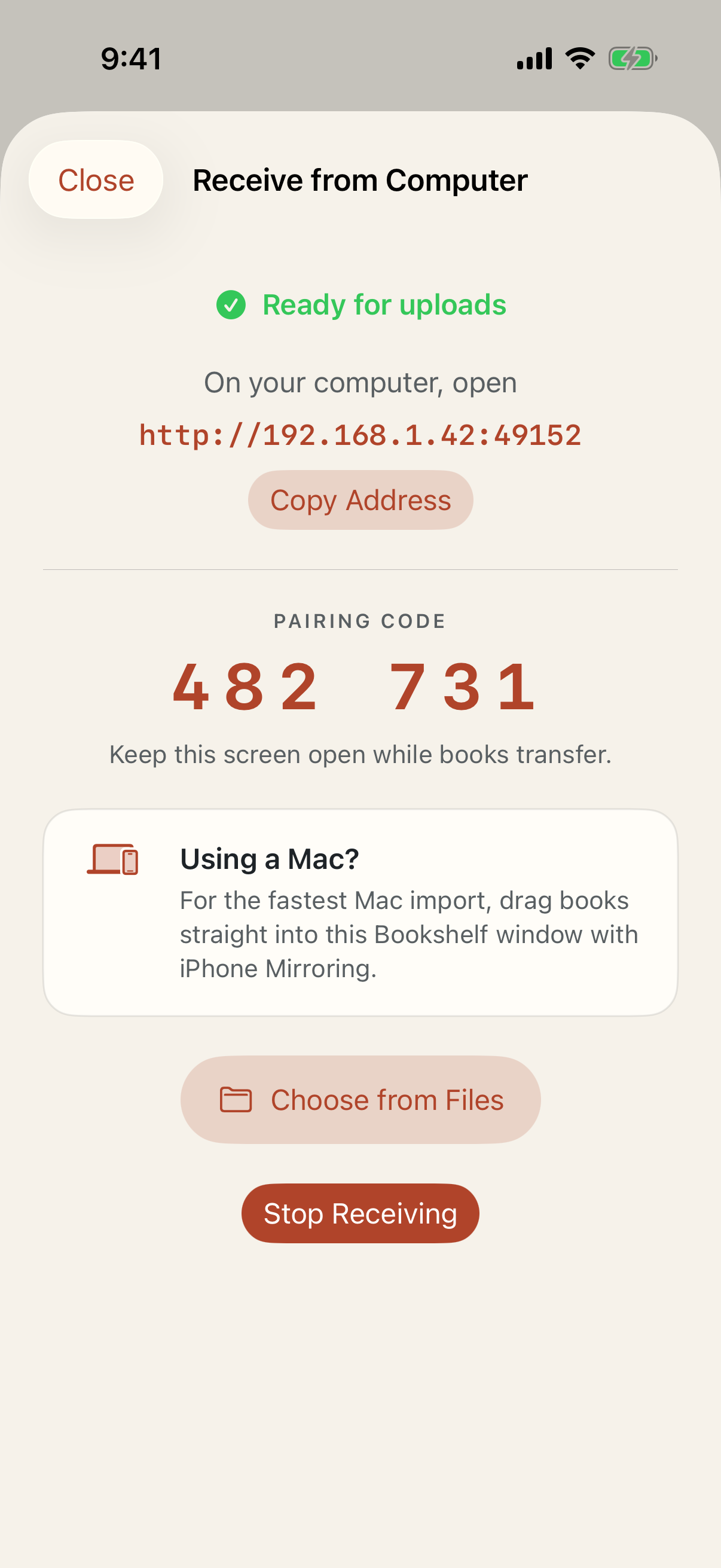 Bookshelf’s private receiver showing a local browser address and pairing code