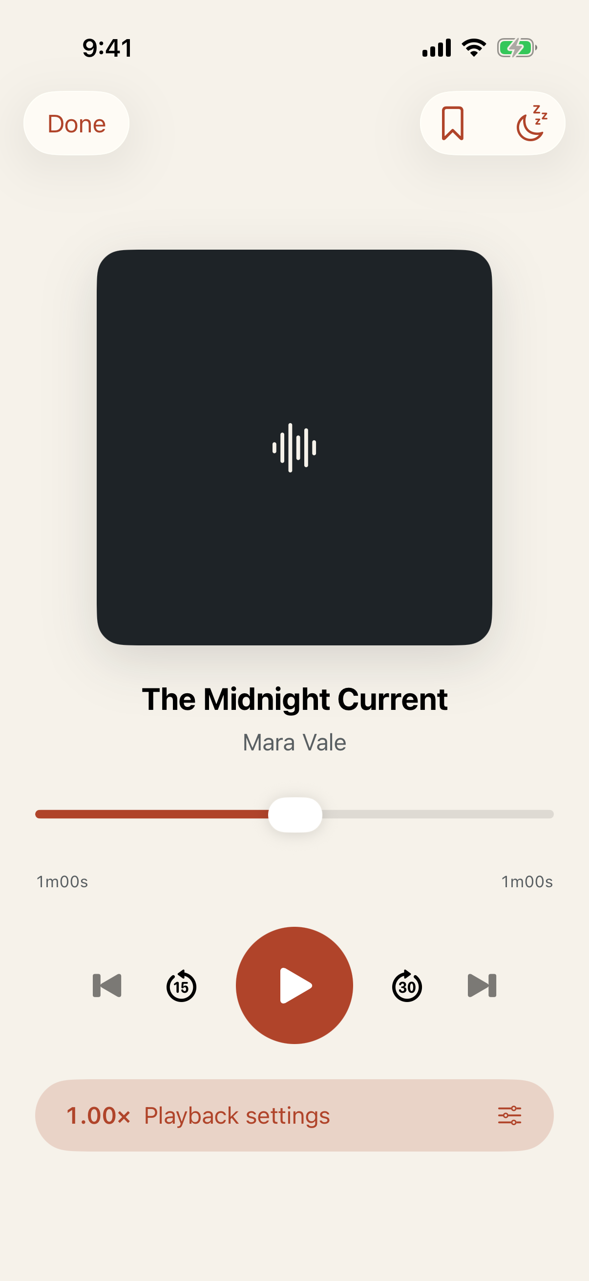 Bookshelf now-playing screen with timeline and playback controls