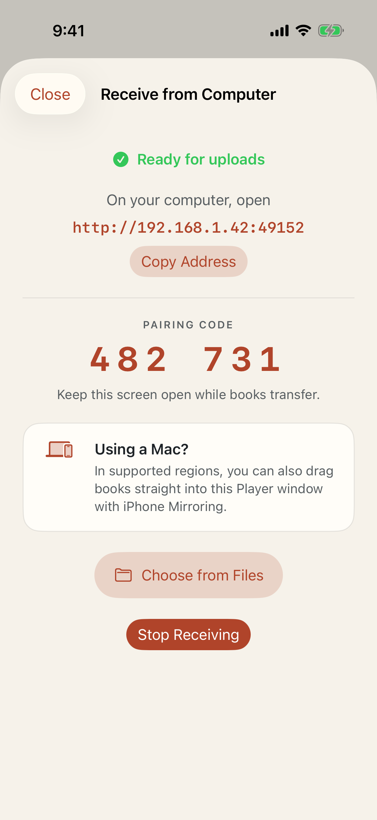Receive from Computer screen with a local address, pairing code, and iPhone Mirroring instructions